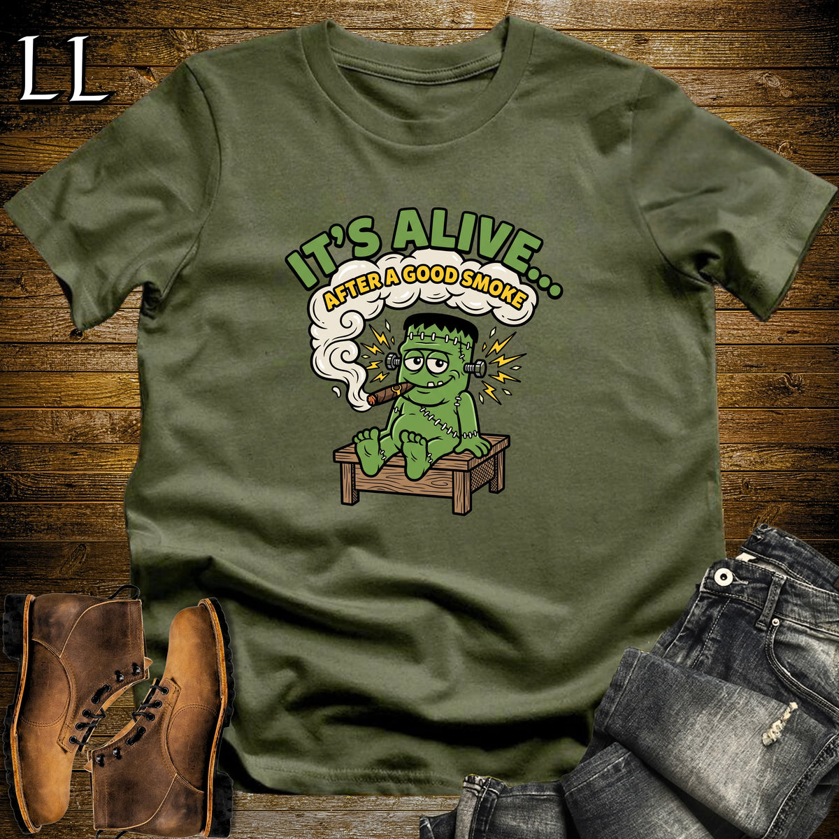 It's Alive Stitched Monster Lab Table Cigar T-Shirt Military Green | Halloween Cigar Shirt