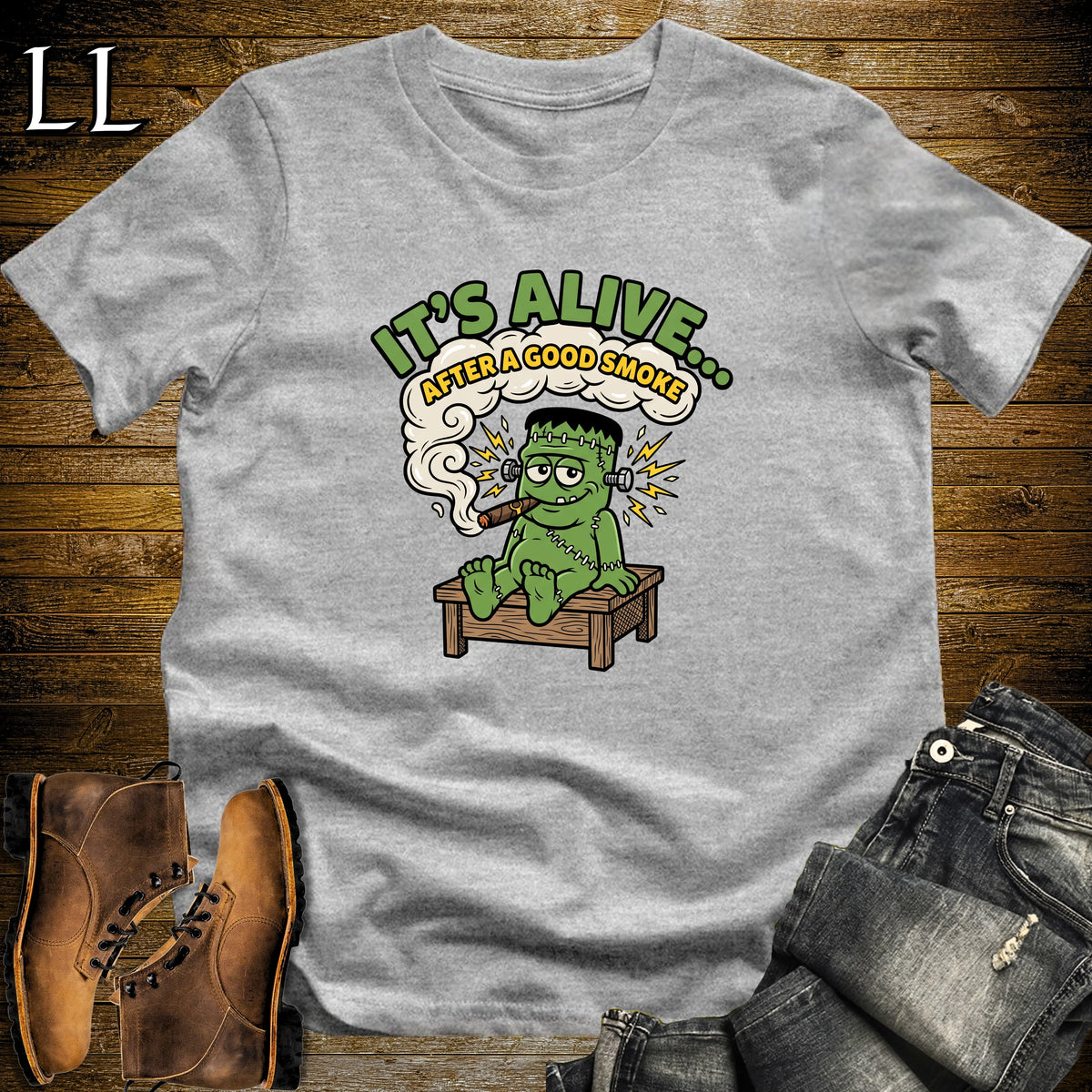 It's Alive Stitched Monster Lab Table Cigar T-Shirt Sport Grey | Halloween Cigar Shirt