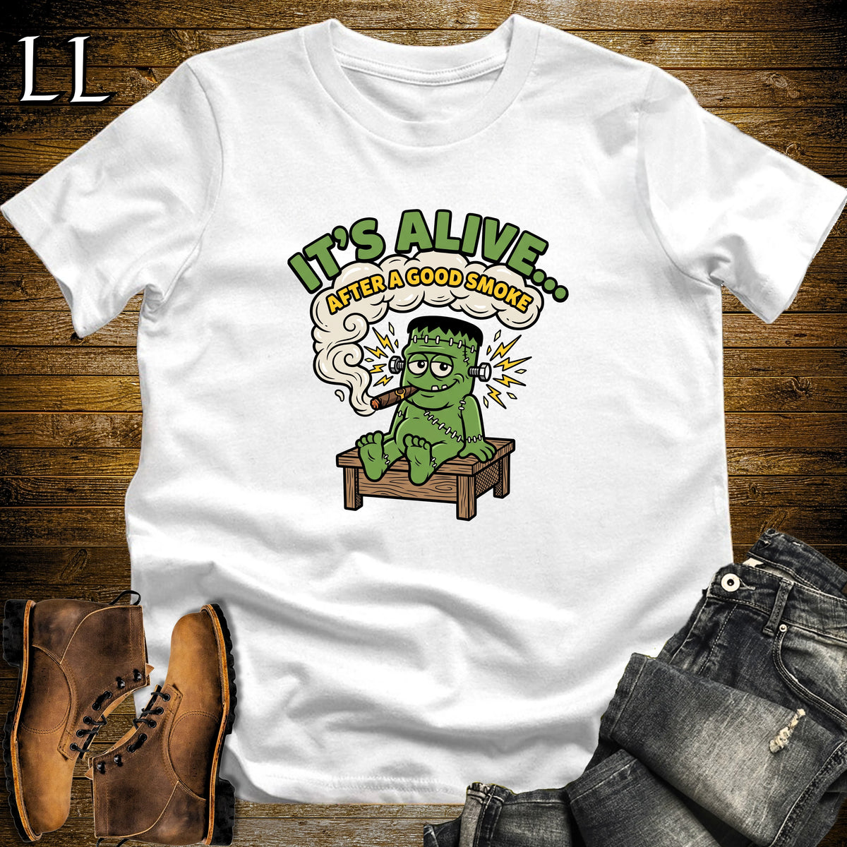 It's Alive Stitched Monster Lab Table Cigar T-Shirt White | Halloween Cigar Shirt