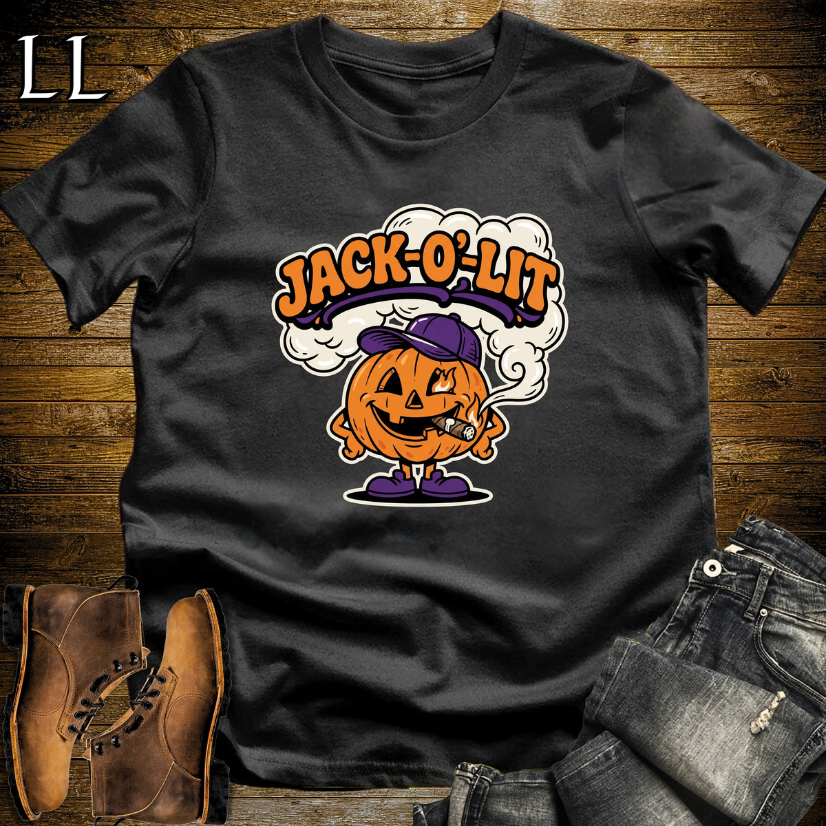 Jack-O'-Lit Pumpkin Ball Cap Cigar T-Shirt Black | Halloween Cigar Shirt