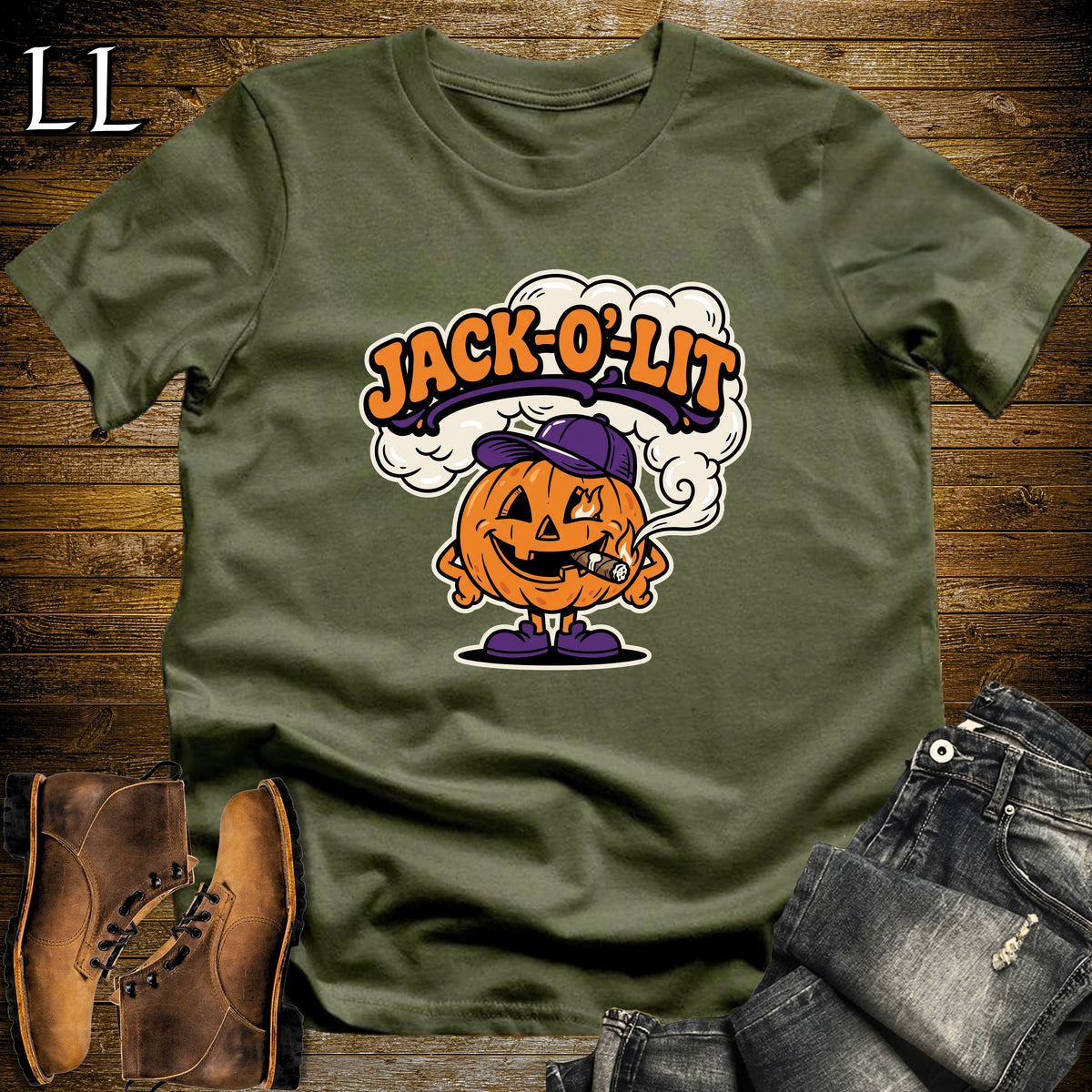 Jack-O'-Lit Pumpkin Ball Cap Cigar T-Shirt Military Green | Halloween Cigar Shirt