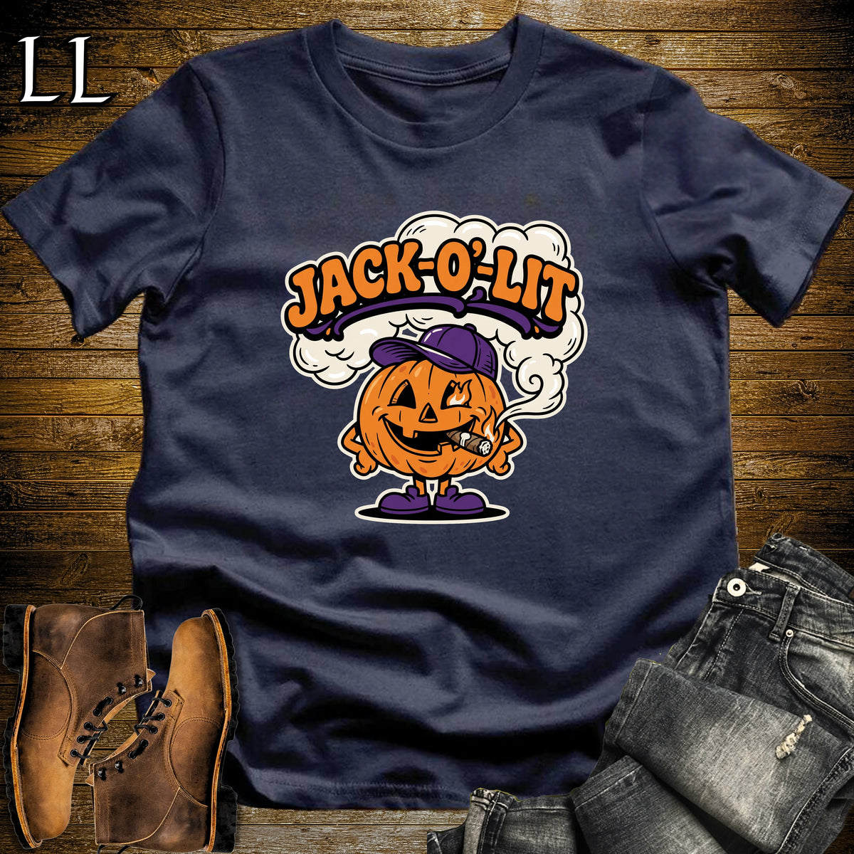 Jack-O'-Lit Pumpkin Ball Cap Cigar T-Shirt Navy | Halloween Cigar Shirt