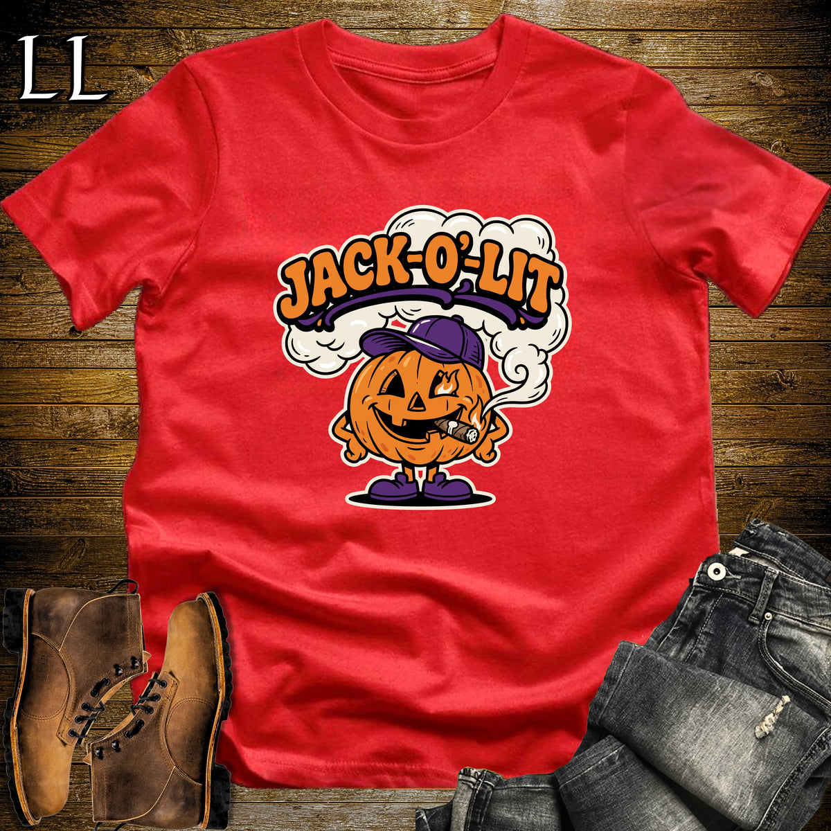 Jack-O'-Lit Pumpkin Ball Cap Cigar T-Shirt Red | Halloween Cigar Shirt