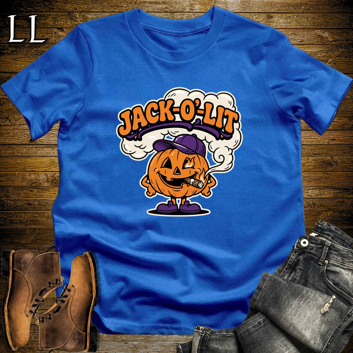 Jack-O'-Lit Pumpkin Ball Cap Cigar T-Shirt Royal | Halloween Cigar Shirt