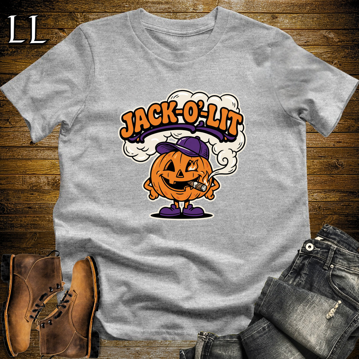 Jack-O'-Lit Pumpkin Ball Cap Cigar T-Shirt Sport Grey | Halloween Cigar Shirt