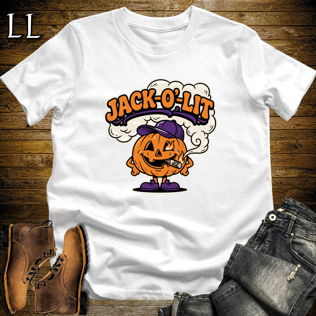 Jack-O'-Lit Pumpkin Ball Cap Cigar T-Shirt White | Halloween Cigar Shirt