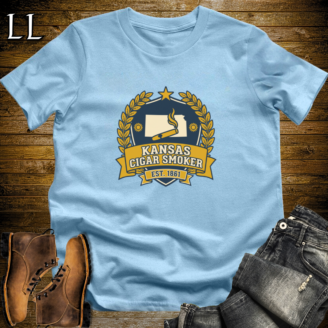 Kansas Cigar Smoker Shield T-Shirt Light Blue | Cigar Crest State Shirt