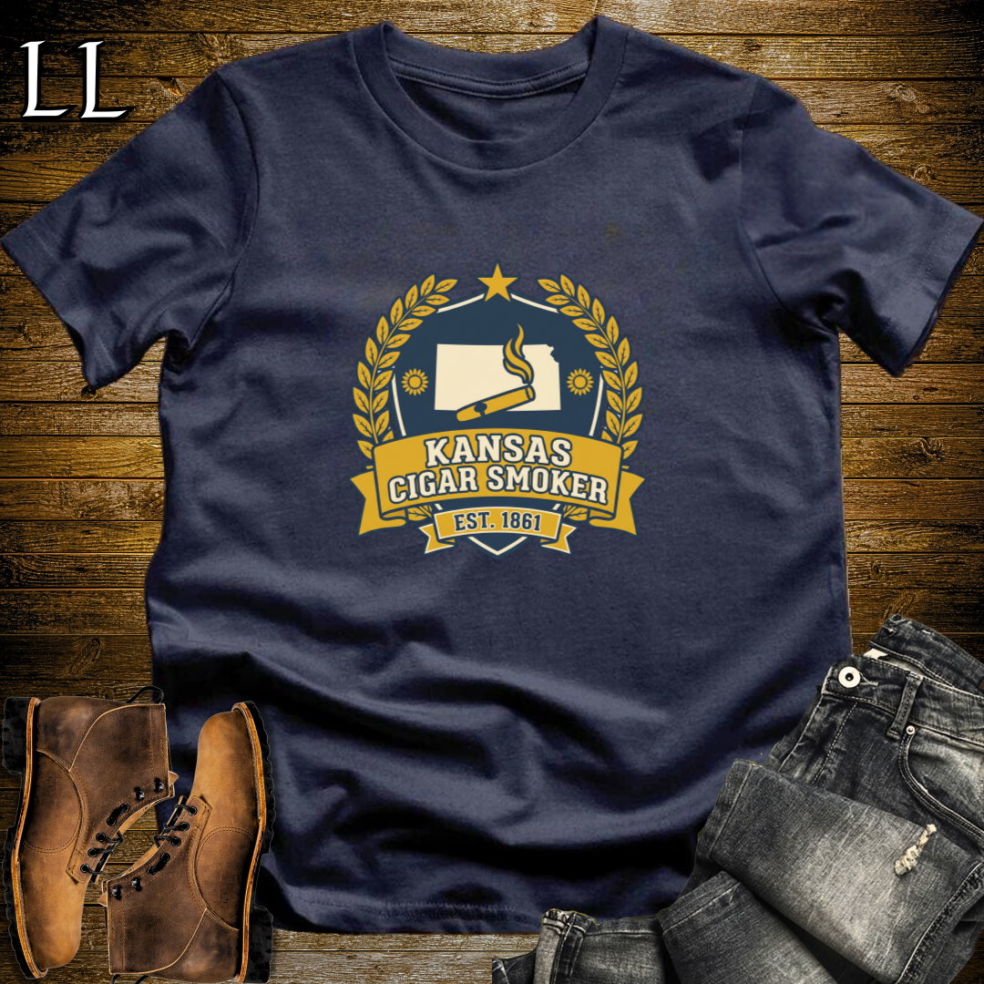 Kansas Cigar Smoker Shield T-Shirt Navy | Cigar Crest State Shirt