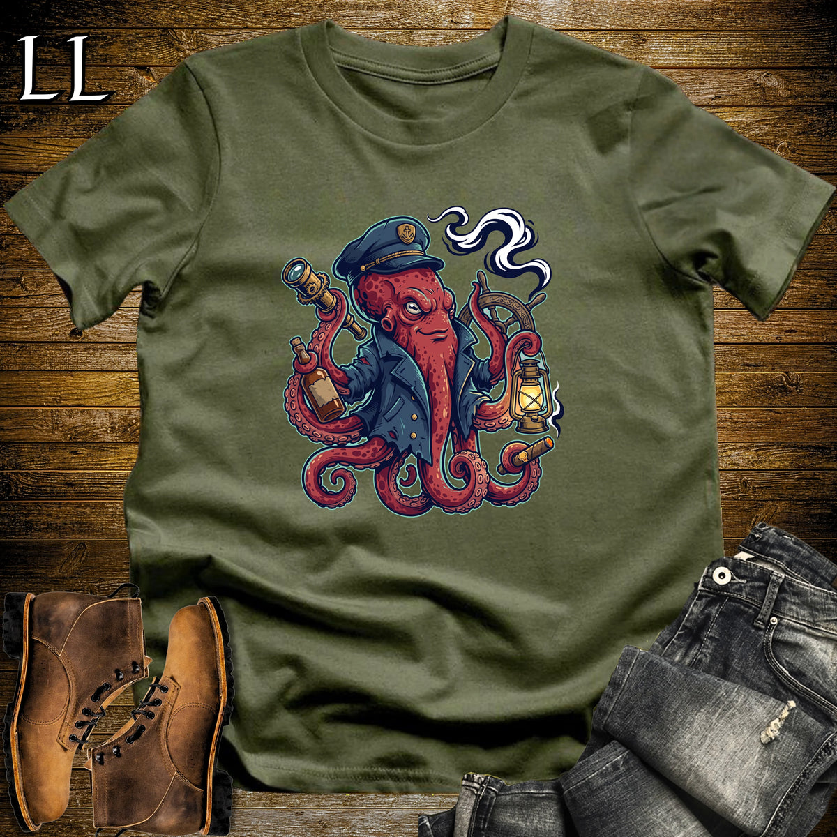Kraken Sea Captain Cigar T-Shirt Military Green | Halloween Cigar Shirt