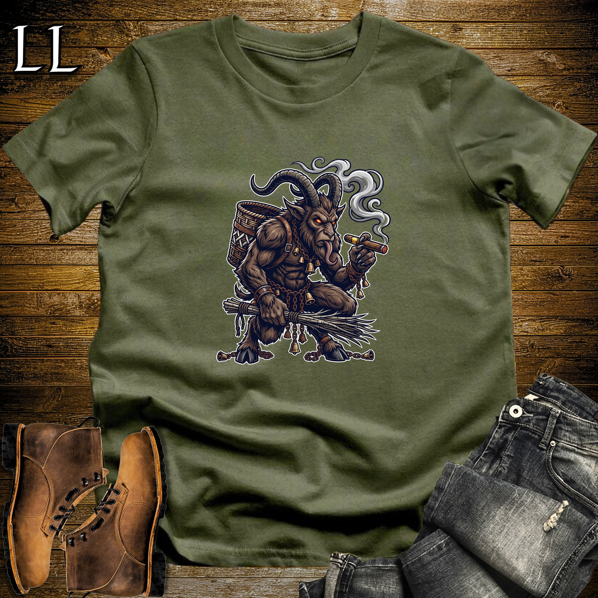 Krampus Birch Switch Cigar T-Shirt Military Green | Halloween Cigar Shirt