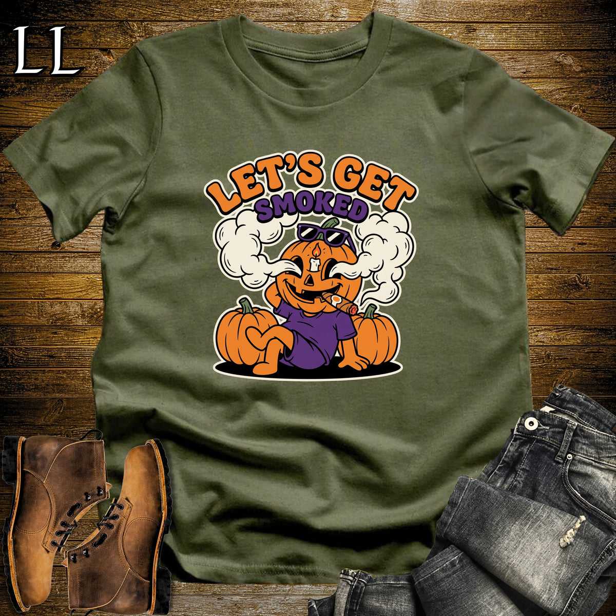 Let's Get Smoked Jack-o'-Lantern Cigar T-Shirt Military Green | Halloween Cigar Tee