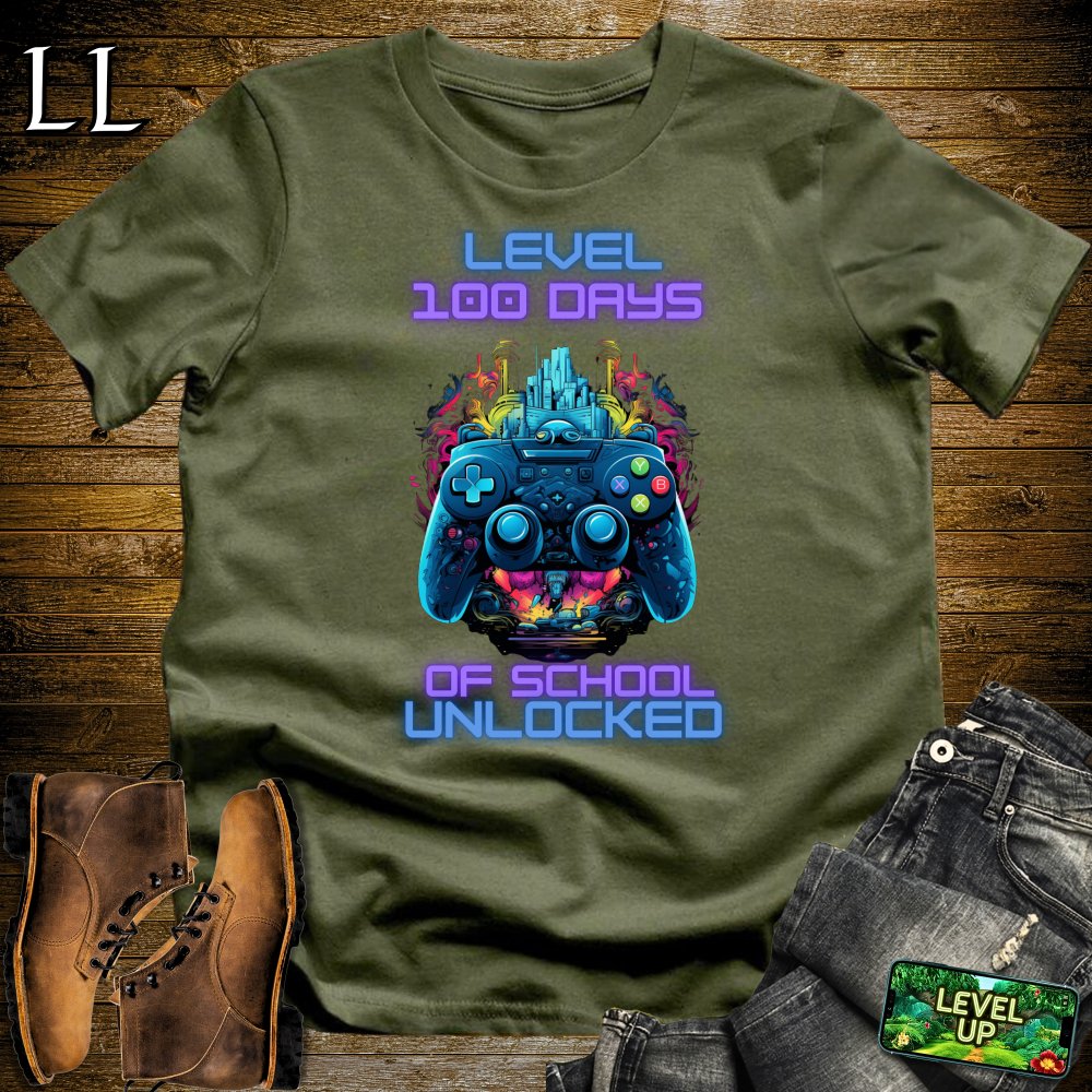 Level 100 Days of School Unlocked Softstyle Tee - Military Green - LegacyLayers