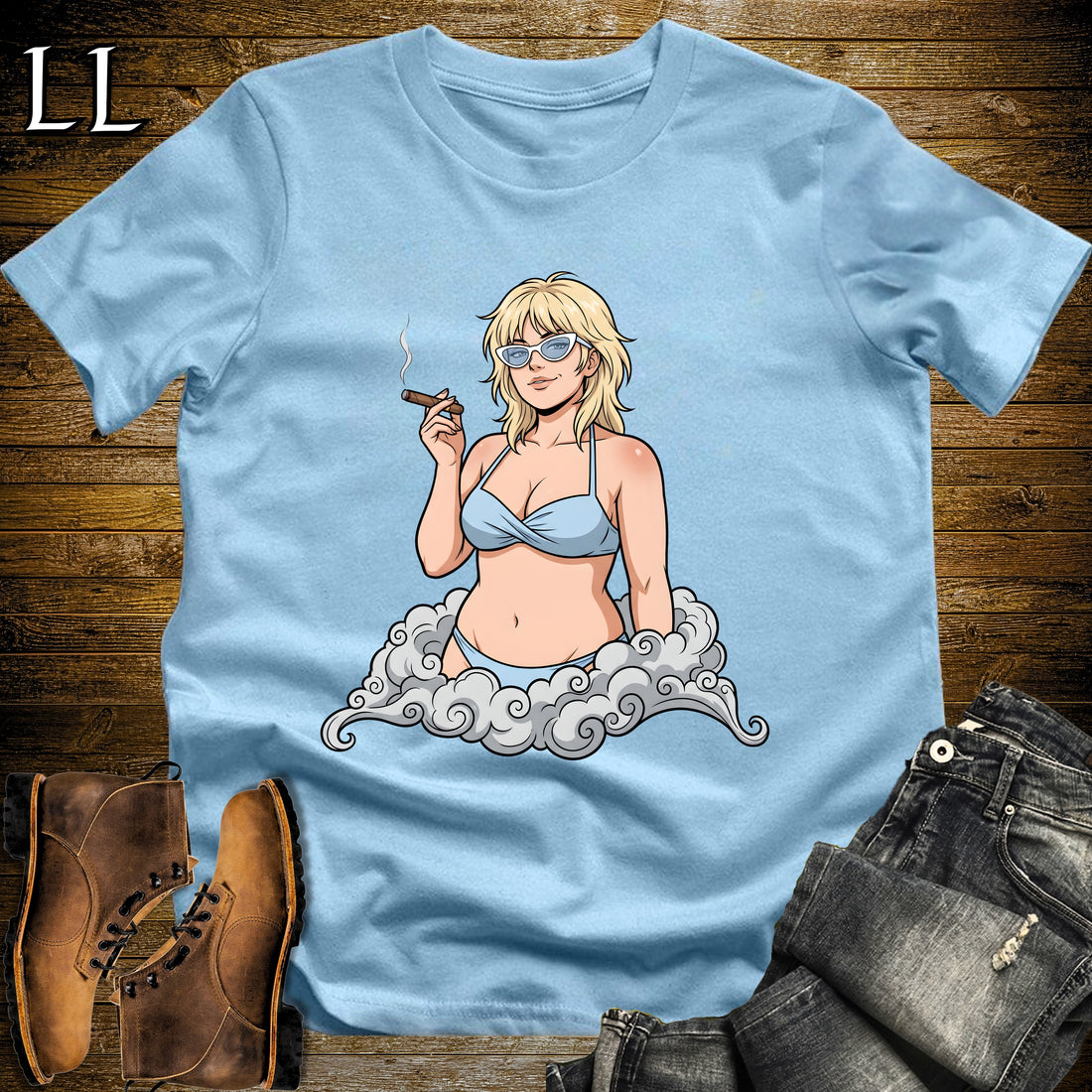 Celeste's Smoke Break Cigar Girl T-Shirt Light Blue | Cigar Pin-Up Girl Tee