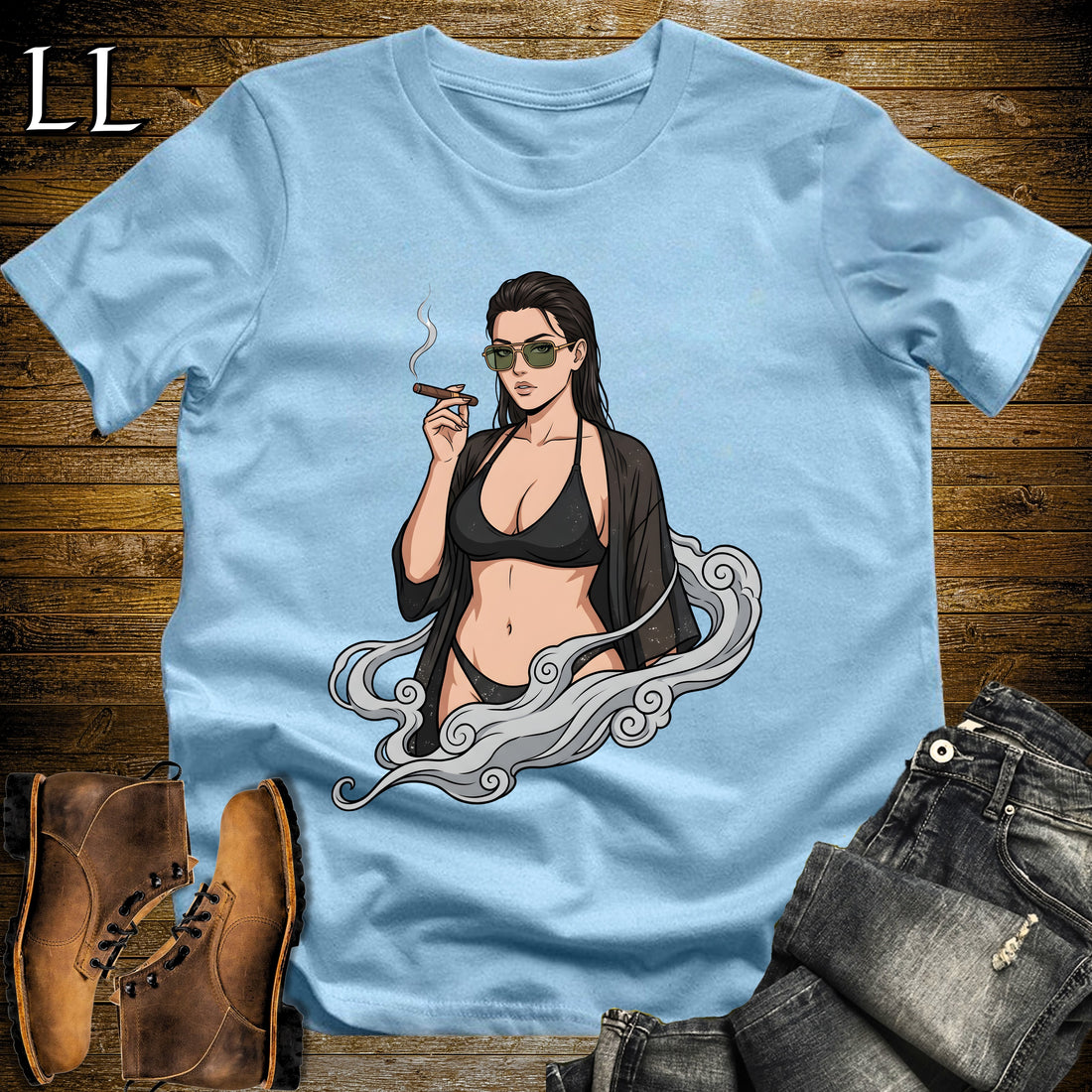 Oscura's Smoke Break Cigar Girl T-Shirt Light Blue | Cigar Pin-Up Girl Tee