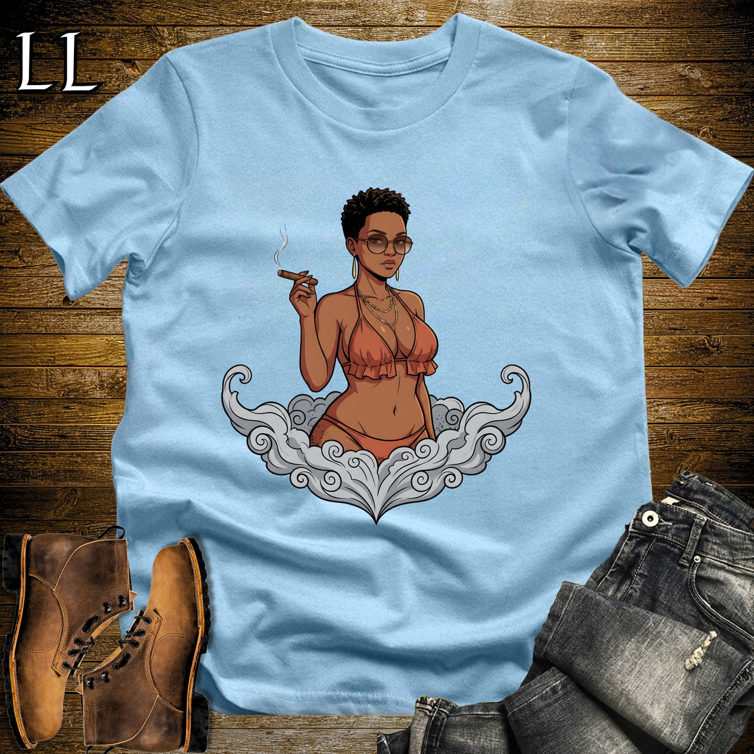 Sienna's Smoke Break Cigar Girl T-Shirt Light Blue | Cigar Pin-Up Girl Tee