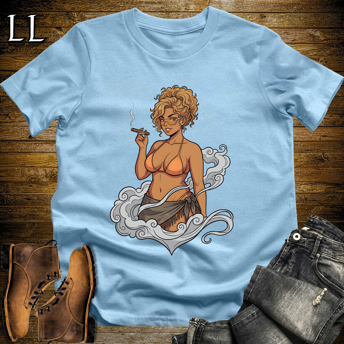 Aurelia's Smoke Break Cigar Girl T-Shirt Light Blue | Cigar Pin-Up Girl Tee