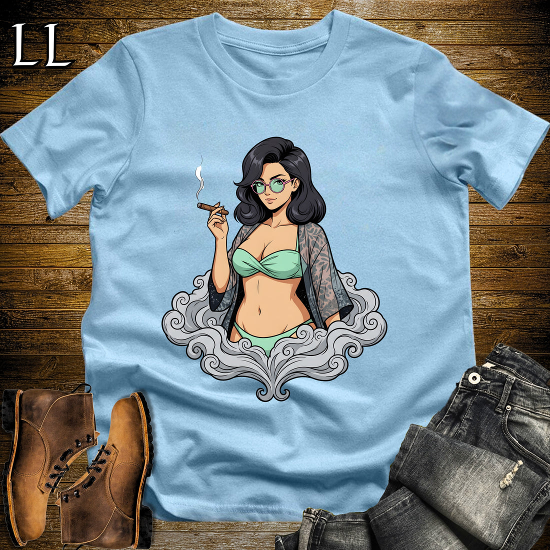Candela's Smoke Break Cigar Girl T-Shirt Light Blue | Cigar Pin-Up Girl Tee
