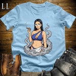 Azura's Smoke Break Cigar Girl T-Shirt Light Blue | Cigar Pin-Up Girl Tee