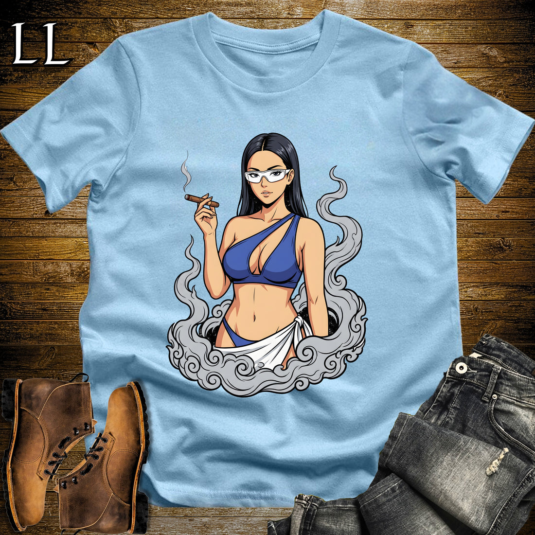 Azura's Smoke Break Cigar Girl T-Shirt Light Blue | Cigar Pin-Up Girl Tee