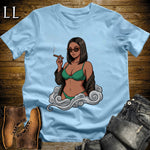 Esmeralda's Smoke Break Cigar Girl T-Shirt Light Blue | Cigar Pin-Up Girl Tee