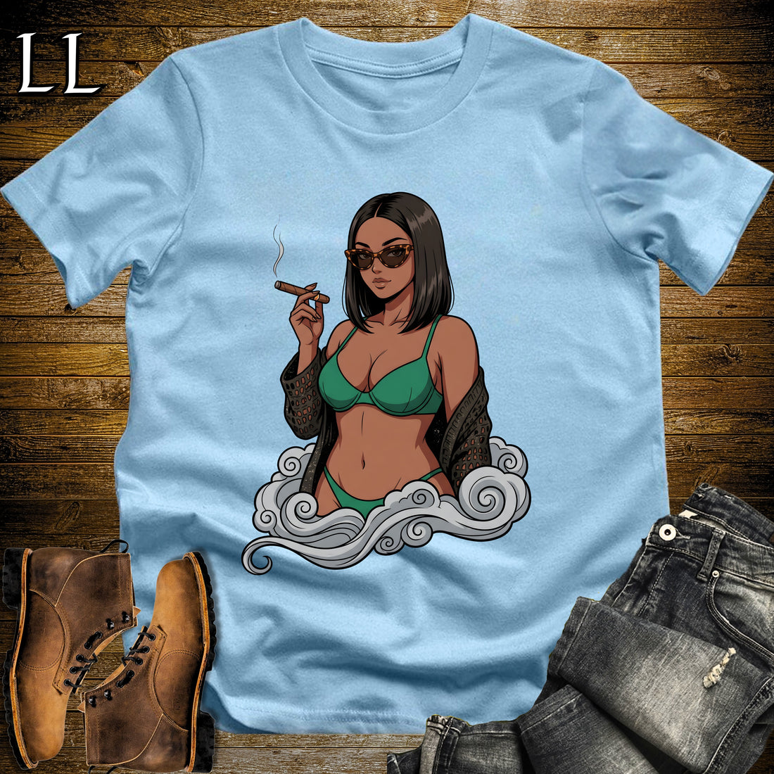 Esmeralda's Smoke Break Cigar Girl T-Shirt Light Blue | Cigar Pin-Up Girl Tee