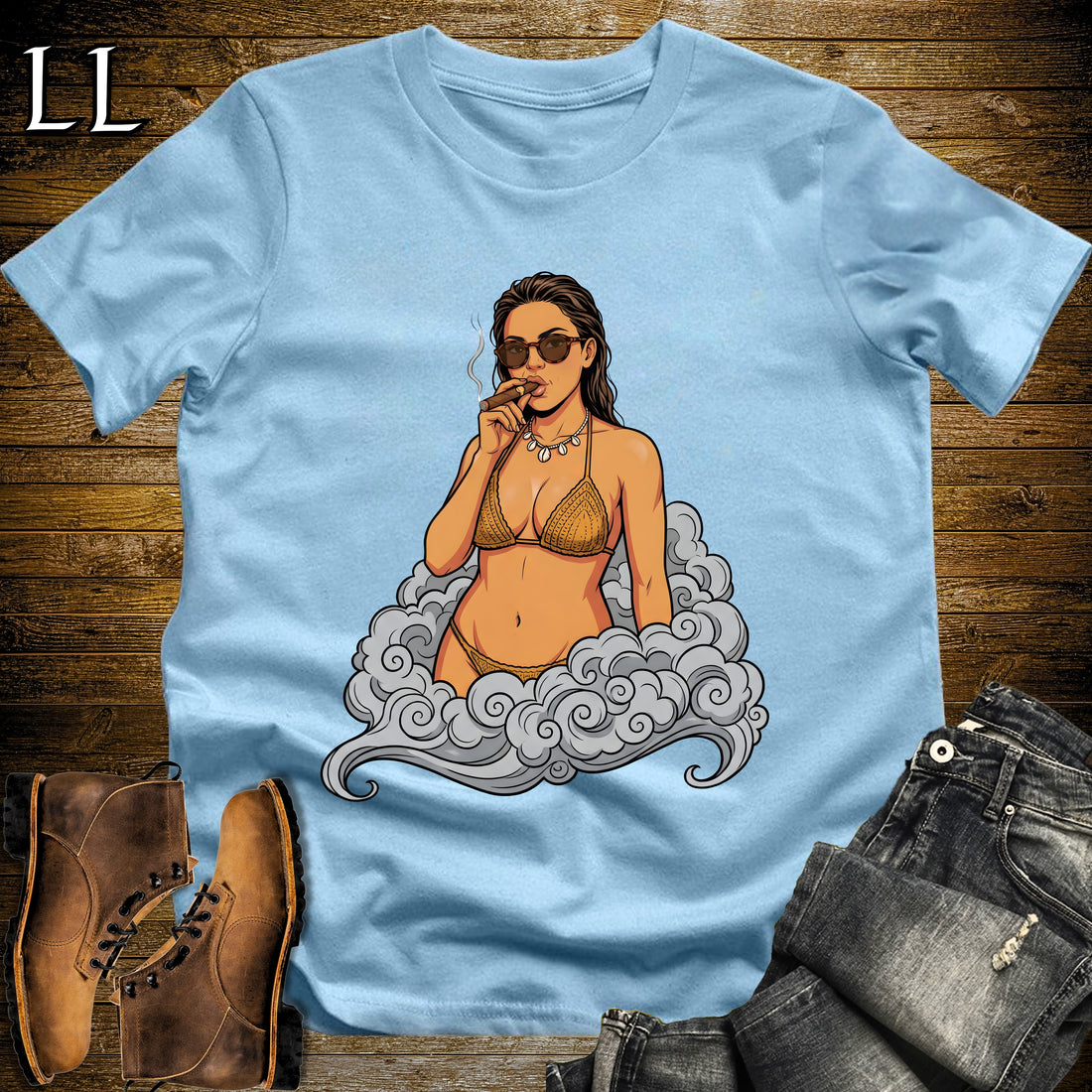 Marisol's Smoke Break Cigar Girl T-Shirt Light Blue | Cigar Pin-Up Girl Tee