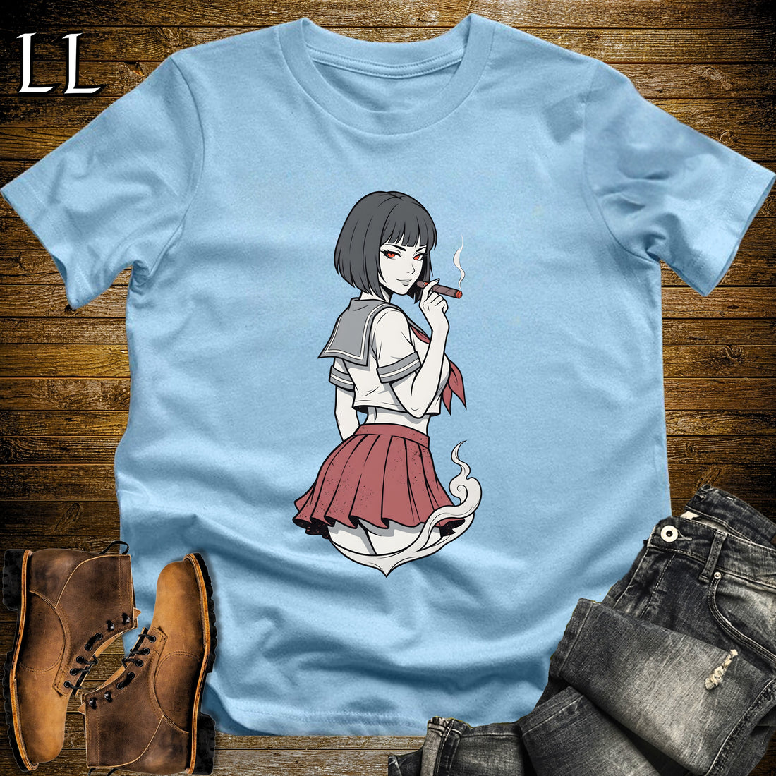 Sakura's Smoke Break Cigar Girl T-Shirt Light Blue | Cigar Pin-Up Girl Tee