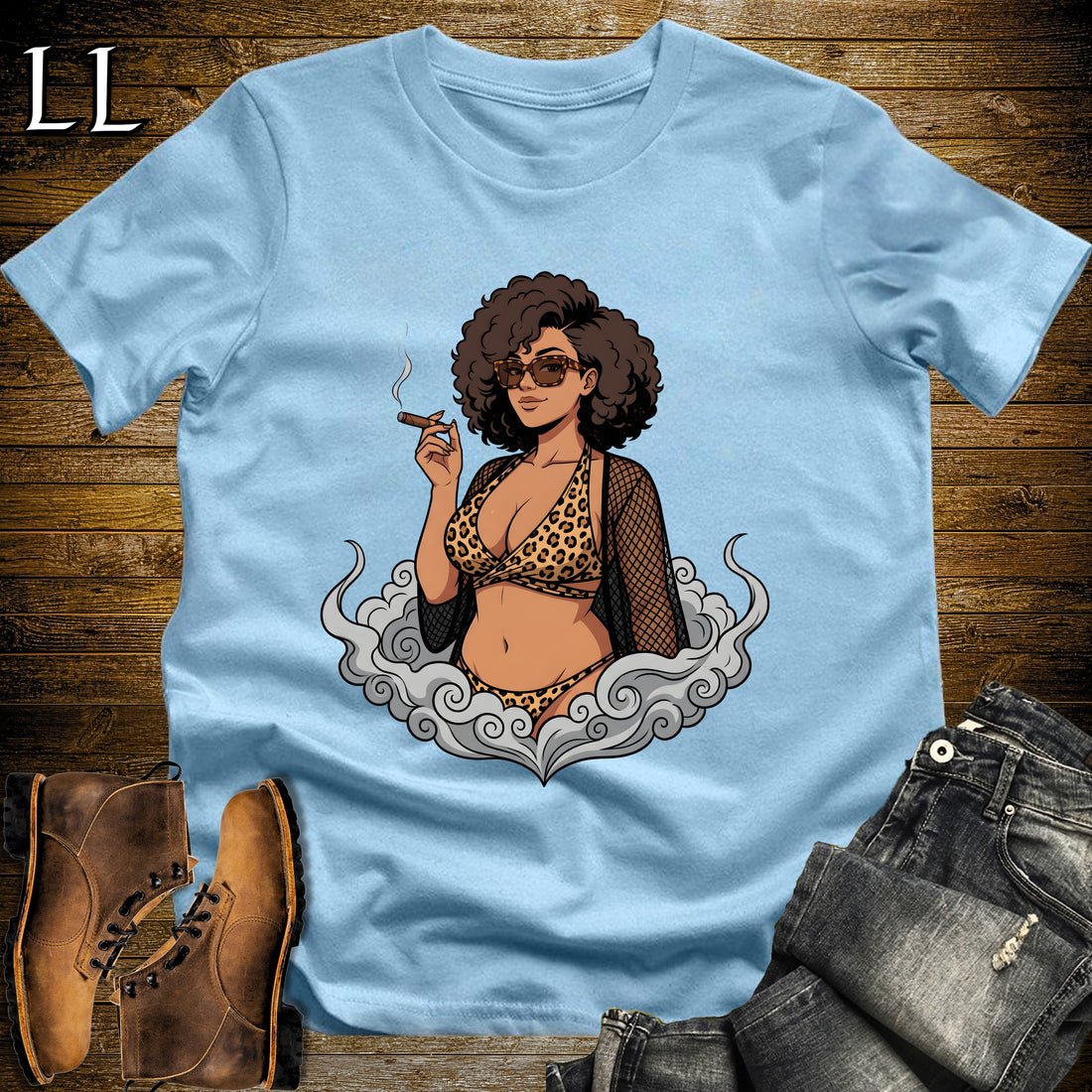 Leona's Smoke Break Cigar Girl T-Shirt Light Blue | Cigar Pin-Up Girl Tee