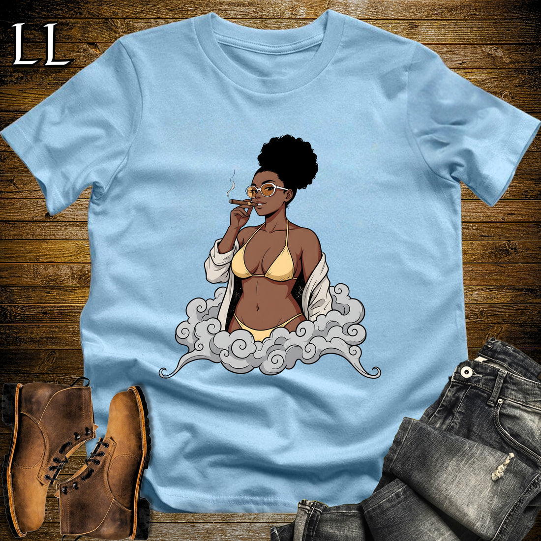 Solana's Smoke Break Cigar Girl T-Shirt Light Blue | Cigar Pin-Up Girl Tee