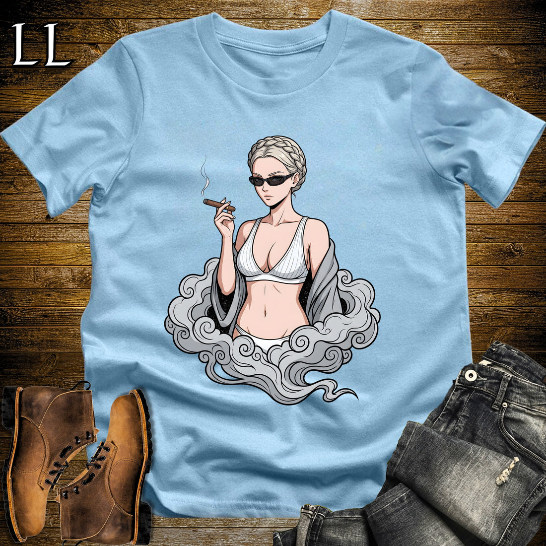Perla's Smoke Break Cigar Girl T-Shirt Light Blue | Cigar Pin-Up Girl Tee