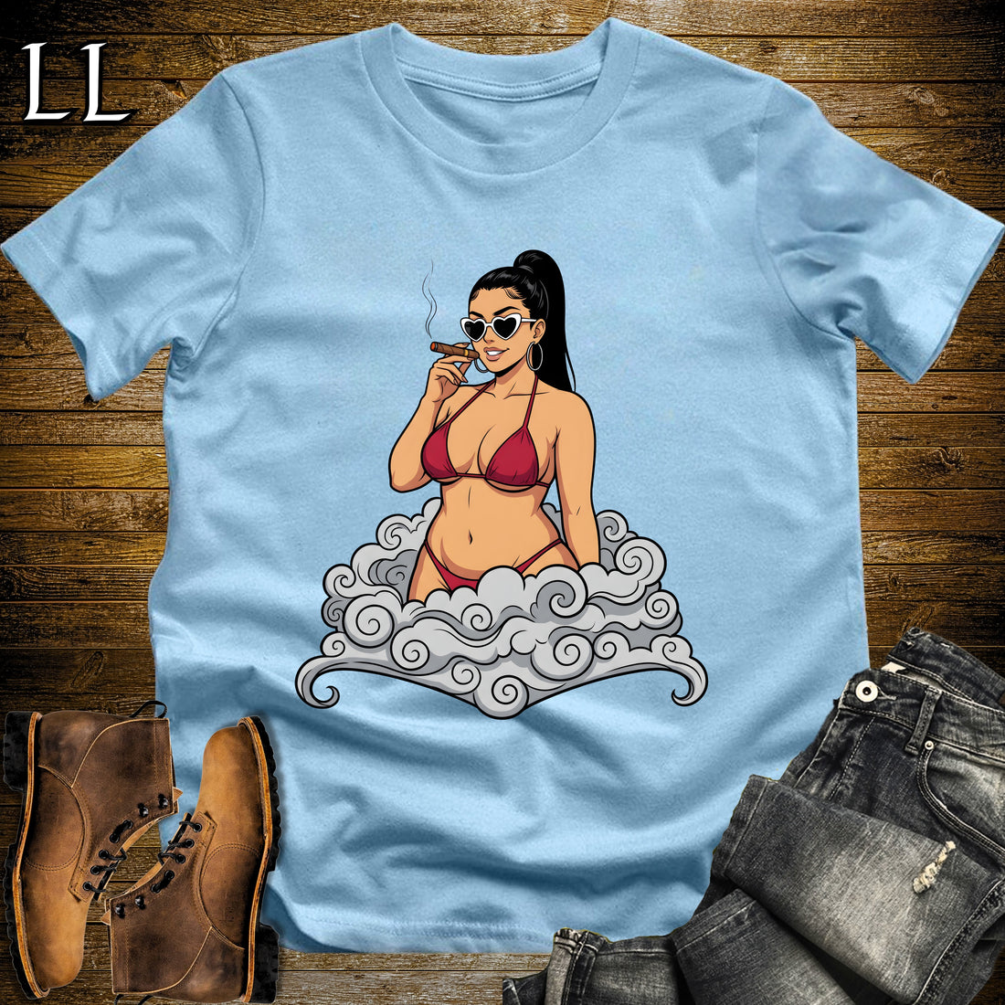 Valentina's Smoke Break Cigar Girl T-Shirt Light Blue | Cigar Pin-Up Girl Tee