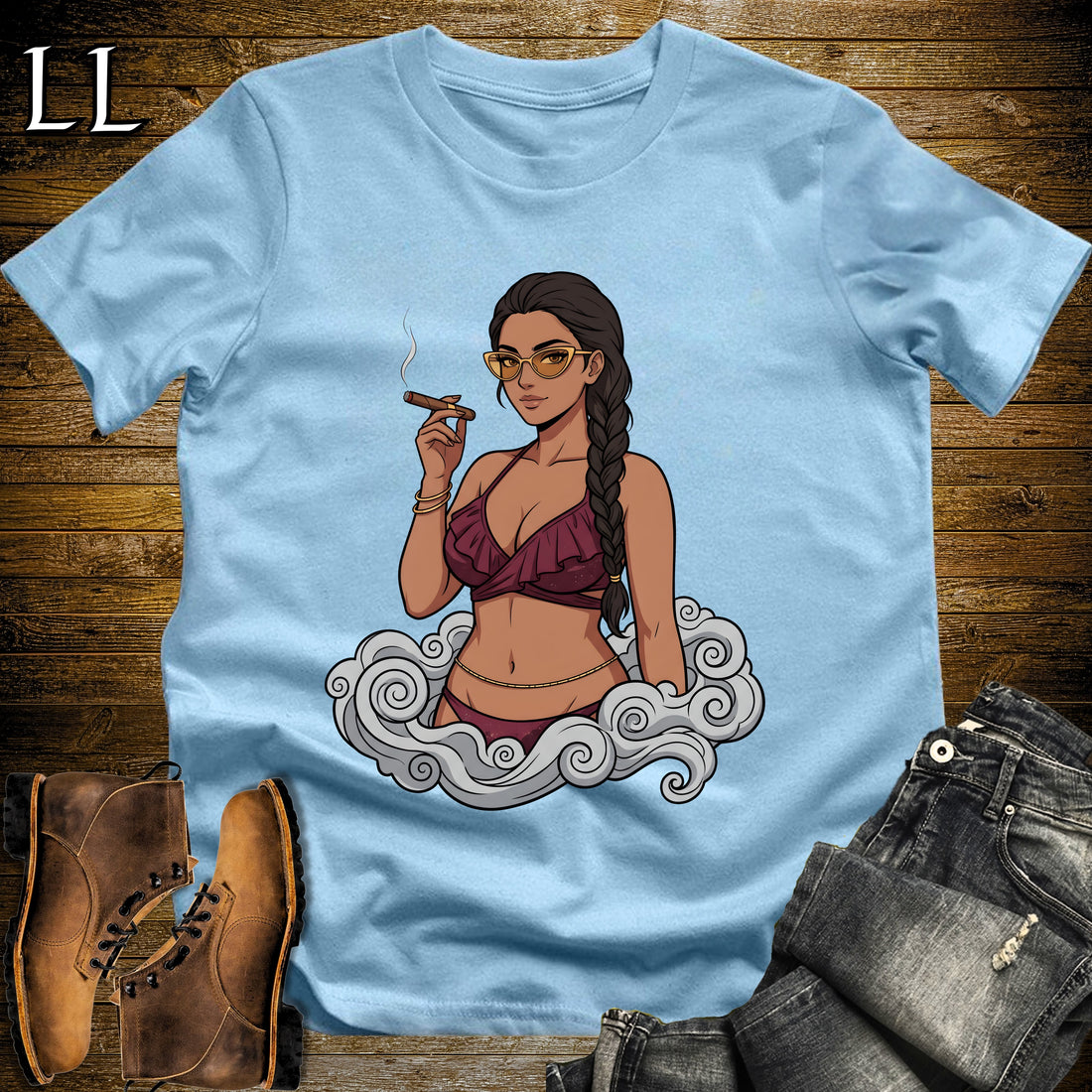 Reina's Smoke Break Cigar Girl T-Shirt Light Blue | Cigar Pin-Up Girl Tee