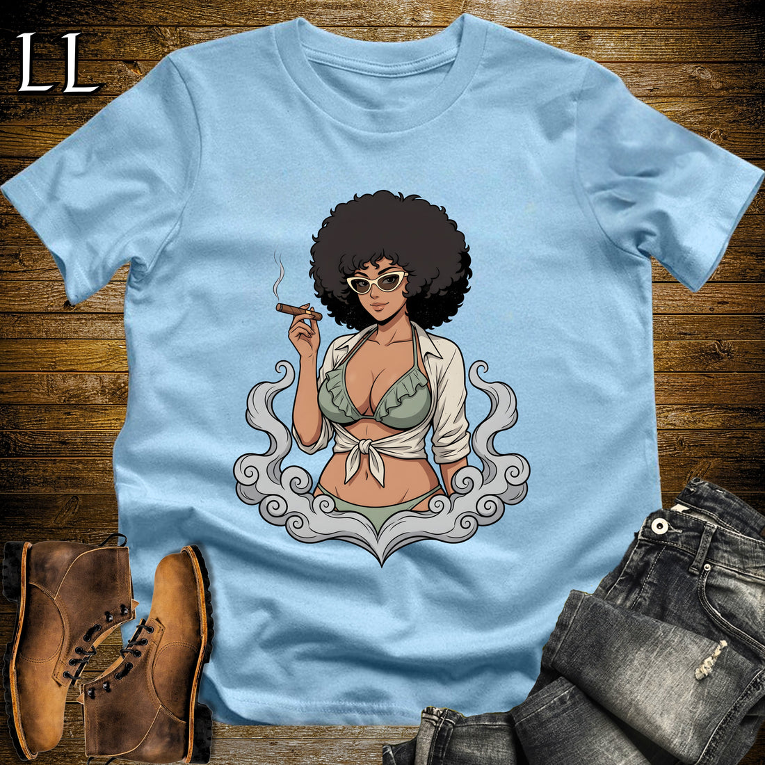 Coco's Smoke Break Cigar Girl T-Shirt Light Blue | Cigar Pin-Up Girl Tee