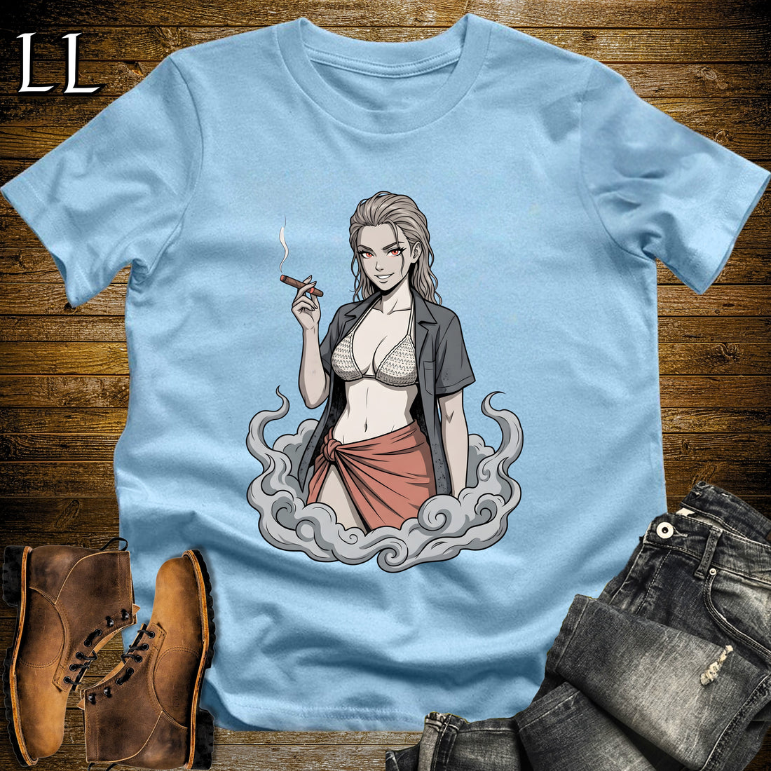 Ceniza's Smoke Break Cigar Girl T-Shirt Light Blue | Cigar Pin-Up Girl Tee