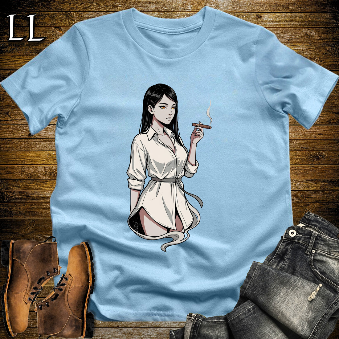 Clara's Smoke Break Cigar Girl T-Shirt Light Blue | Cigar Pin-Up Girl Tee
