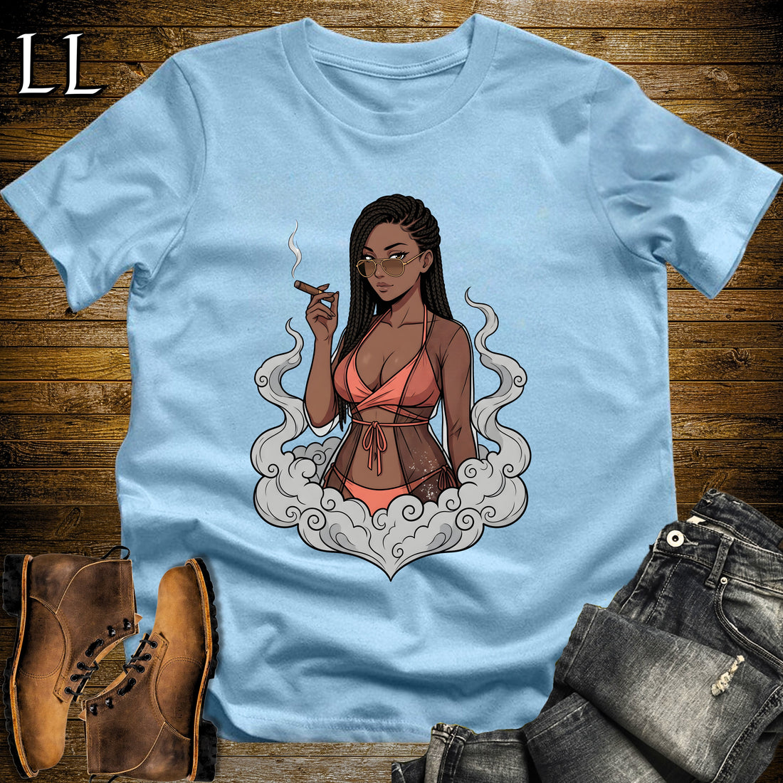 Camila's Smoke Break Cigar Girl T-Shirt Light Blue | Cigar Pin-Up Girl Tee