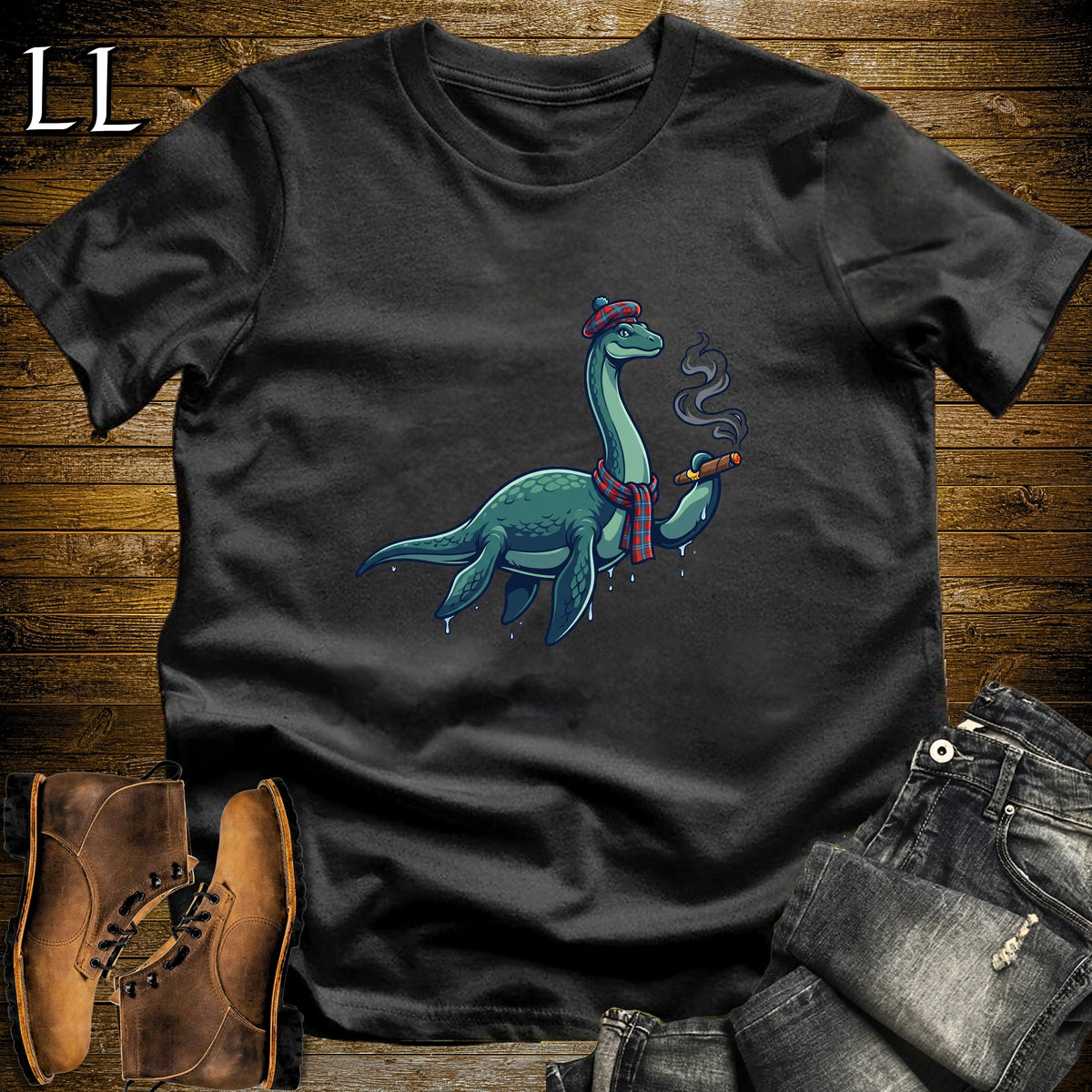 Loch Ness Monster Tartan Cigar T-Shirt Black | Nessie Cryptid Cigar Tee