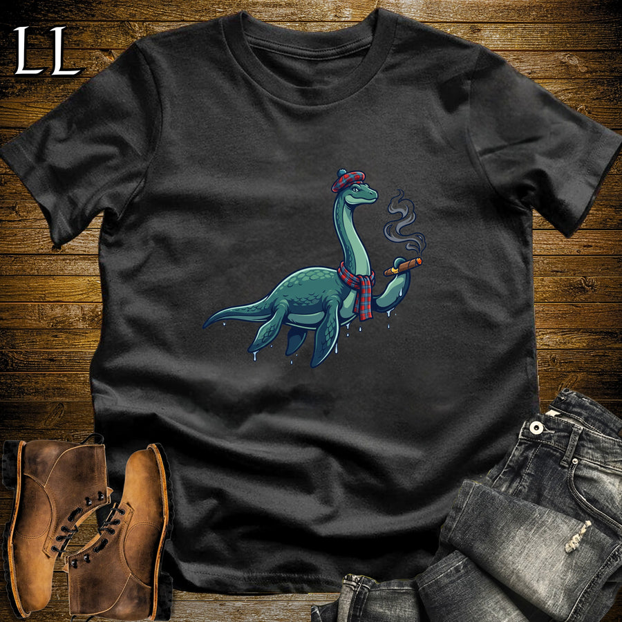 Loch Ness Monster Tartan Cigar T-Shirt Black | Nessie Cryptid Cigar Tee