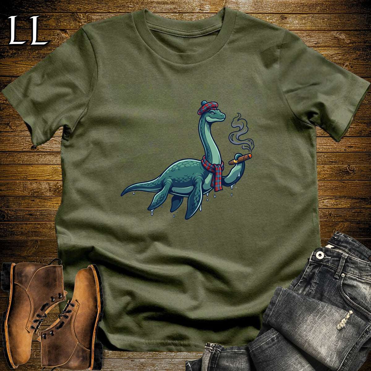 Loch Ness Monster Tartan Cigar T-Shirt Military Green | Nessie Cryptid Cigar Tee