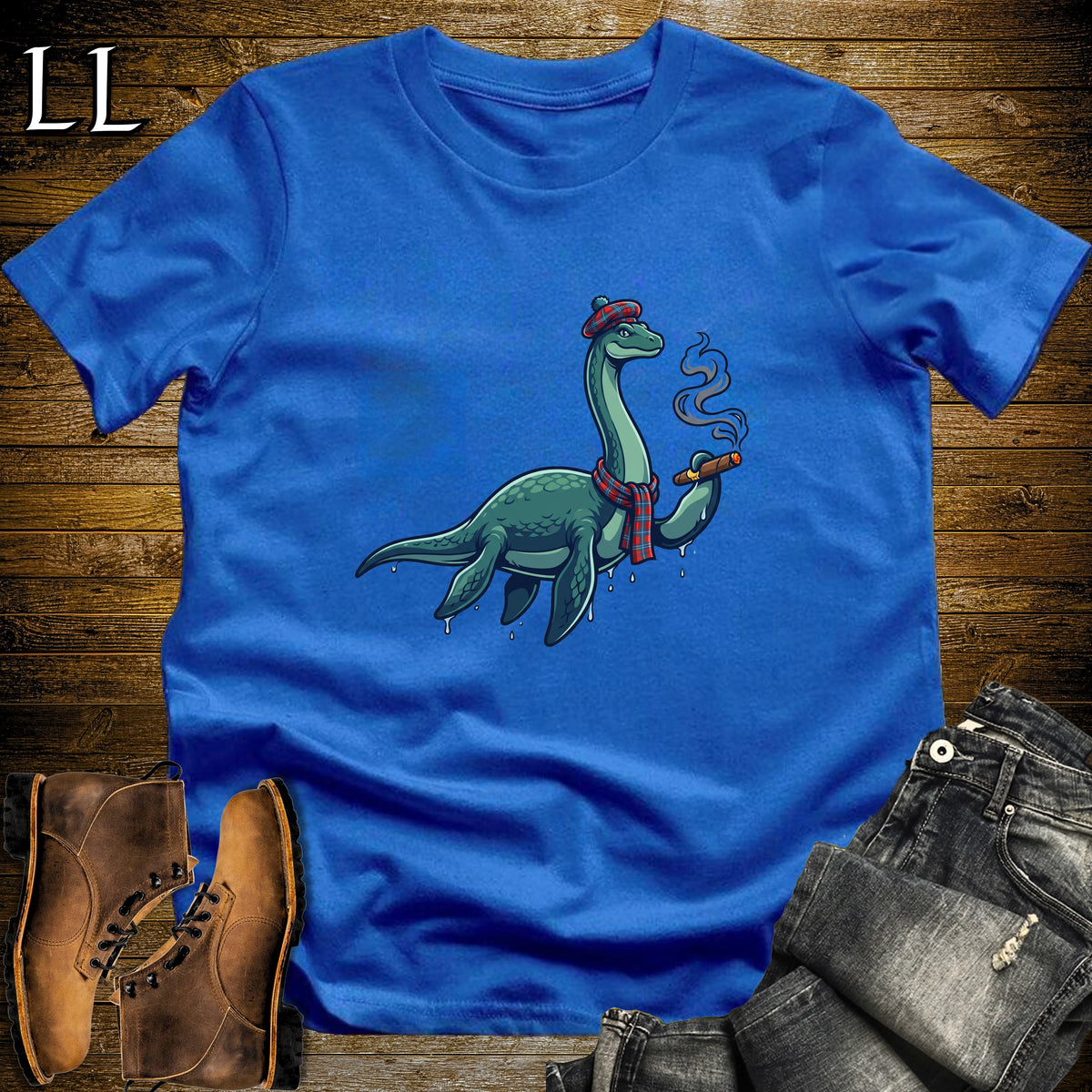 Loch Ness Monster Tartan Cigar T-Shirt Royal | Nessie Cryptid Cigar Tee