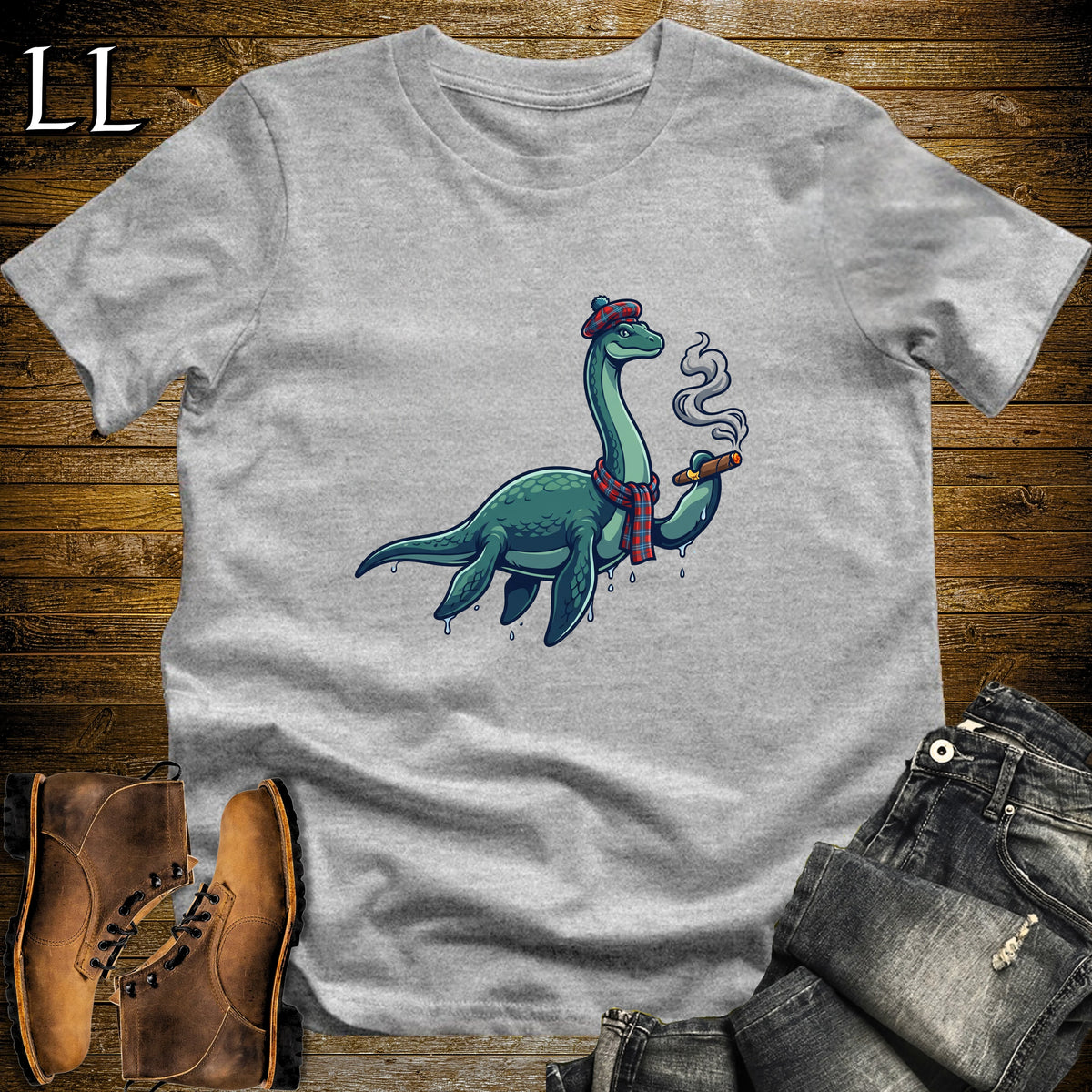 Loch Ness Monster Tartan Cigar T-Shirt Sport Grey | Nessie Cryptid Cigar Tee
