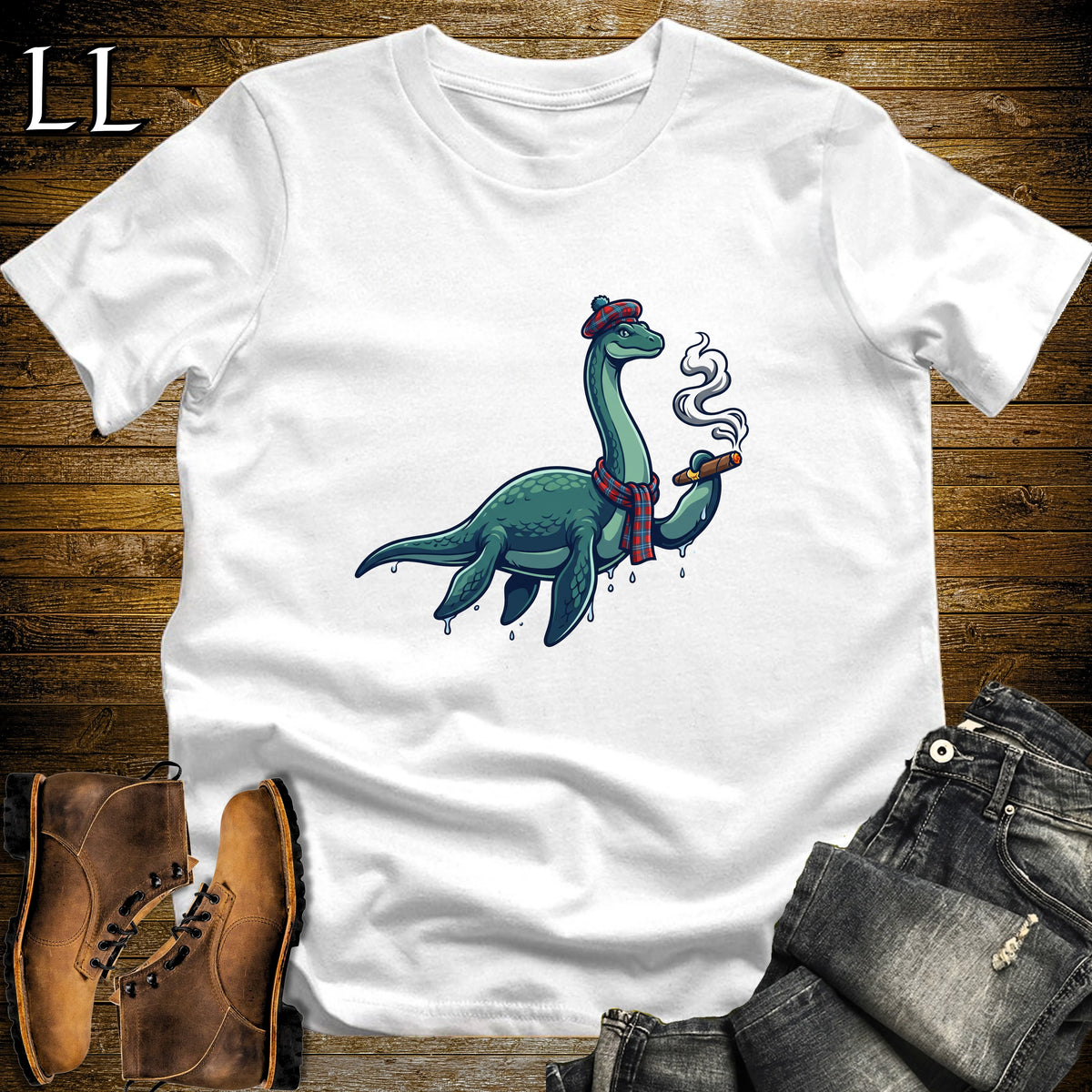Loch Ness Monster Tartan Cigar T-Shirt White | Nessie Cryptid Cigar Tee