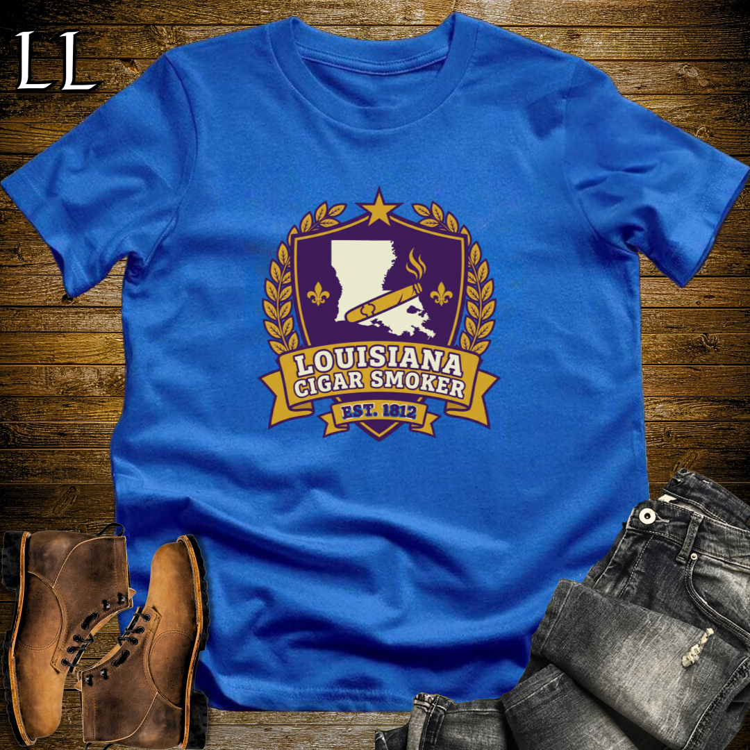 Louisiana Cigar Smoker Shield T-Shirt Royal Blue | Louisiana Cigar Crest Shirt