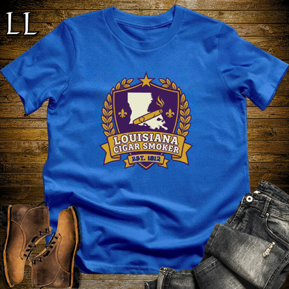 Louisiana Cigar Smoker Shield T-Shirt Royal Blue | Louisiana Cigar Crest Shirt