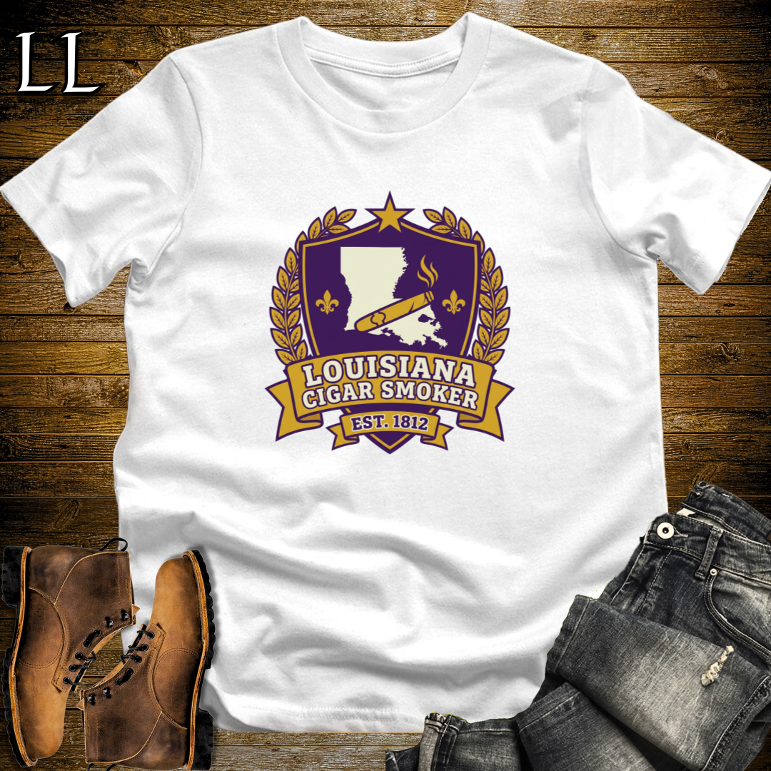 Louisiana Cigar Smoker Shield T-Shirt White | Louisiana Cigar Crest Shirt