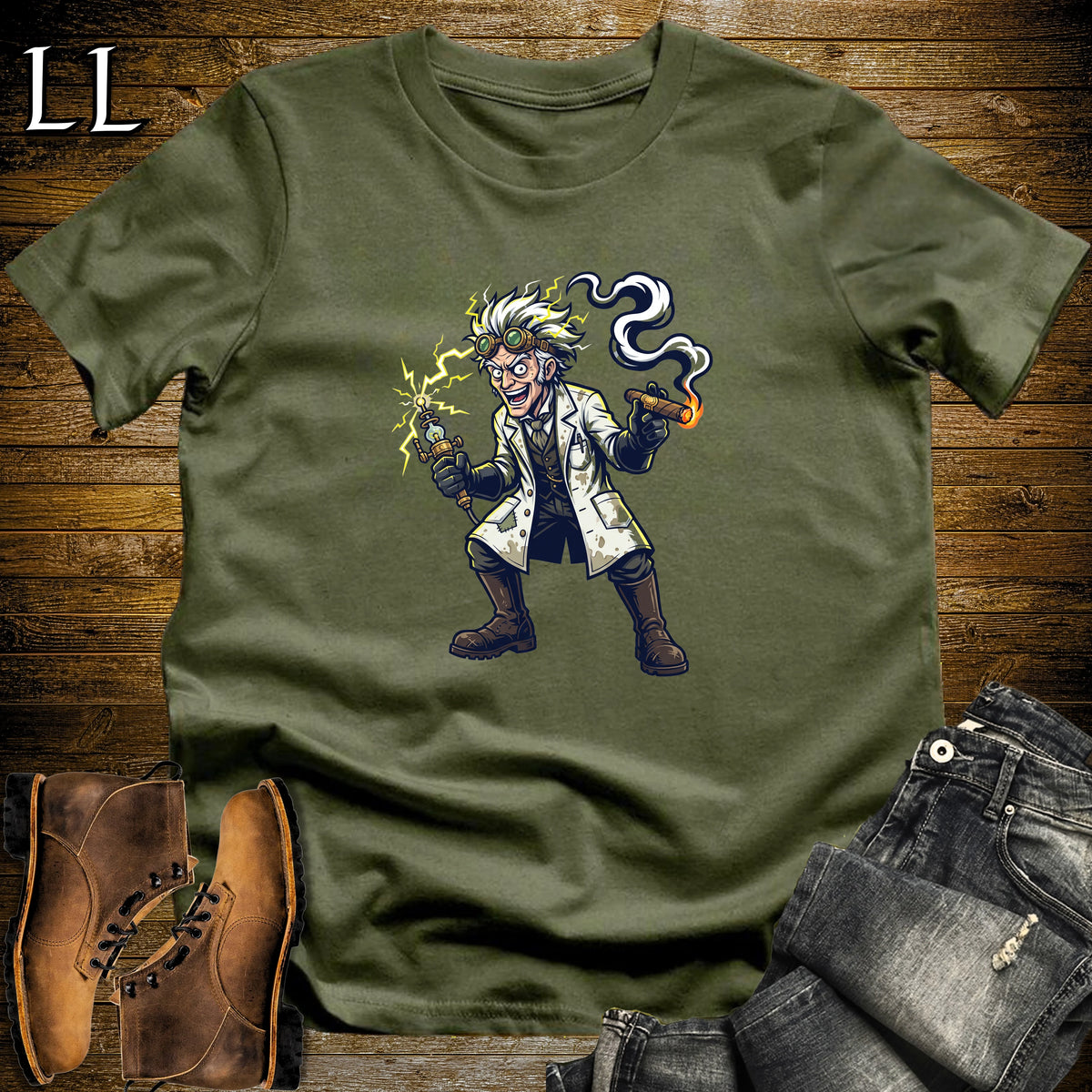 Mad Scientist Lightning Cigar T-Shirt Military Green | Mad Scientist Cigar Tee