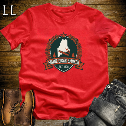 Maine Cigar Smoker Shield T-Shirt Red | Maine Cigar Crest Shirt