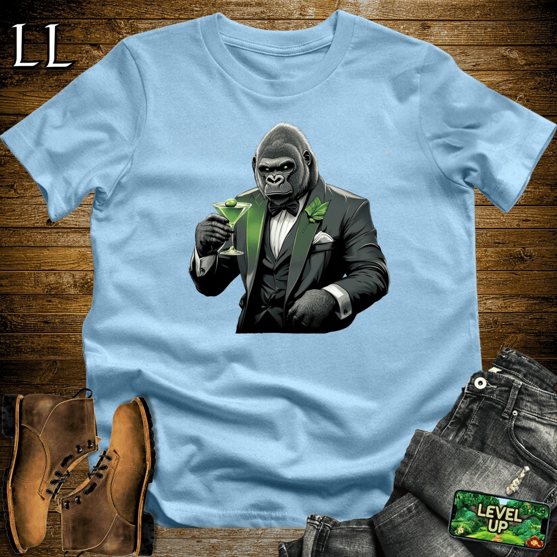 Martini Gorilla Softstyle Tee Light Blue | Cocktail Lover Gift Tee