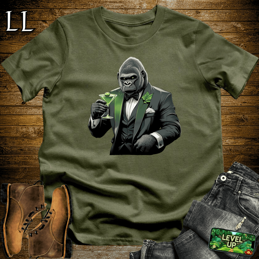 Martini Gorilla Softstyle Tee Military Green | Cocktail Lover Gift Tee