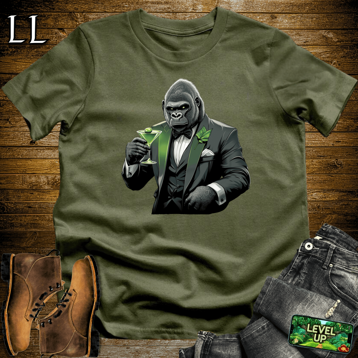 Martini Gorilla Softstyle Tee Military Green | Cocktail Lover Gift Tee